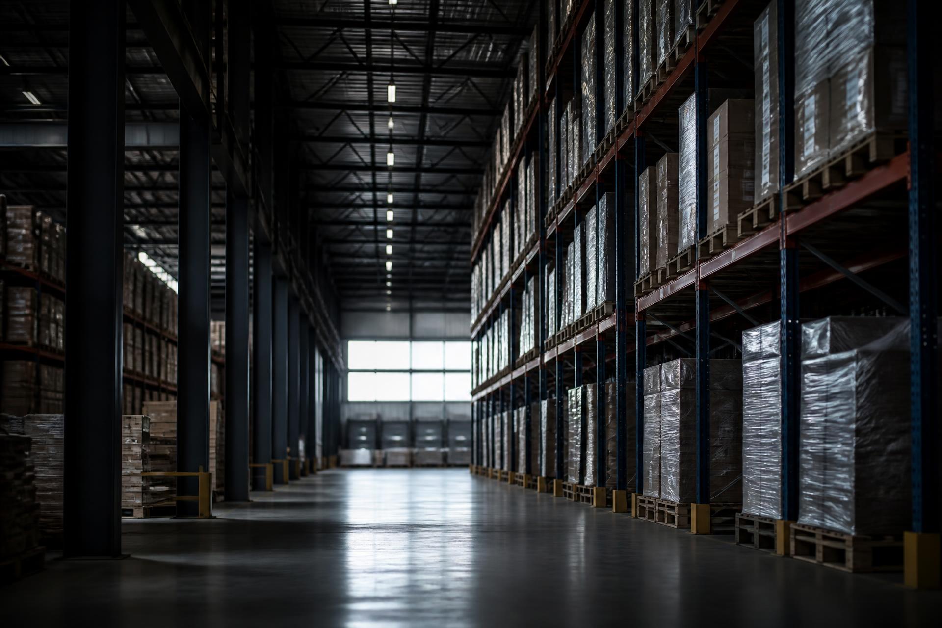 Area gudang industri dengan operasional forklift TCM